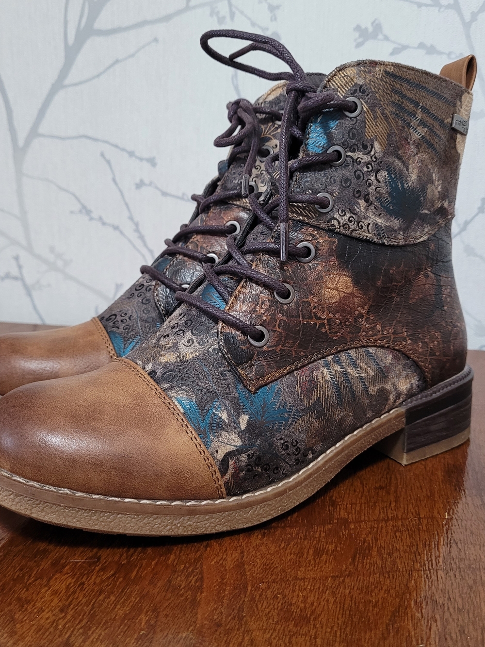 Rieker Brown and Blue Patterned Lace-Up Combat Boots